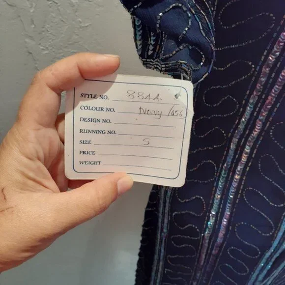NWT VINTAGE SWEE LO Handmade Beaded & Sequin Navy Blue Cocktail Dress Deadstock - Picture 7 of 13
